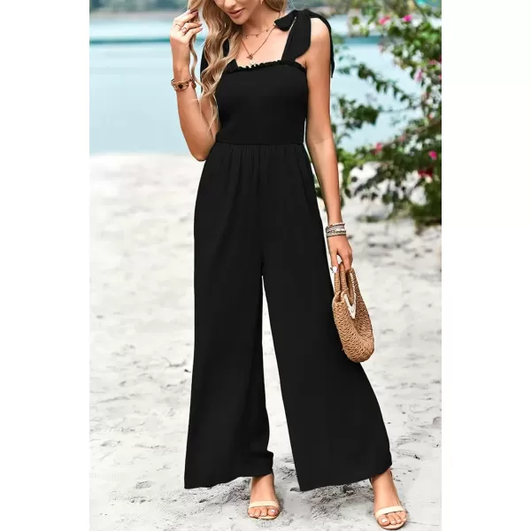 imagechouyatou Womens Summer Casual Sleeveless High Waist Jumpsuits Tie Shoulder Smoked Overall RompersBlack