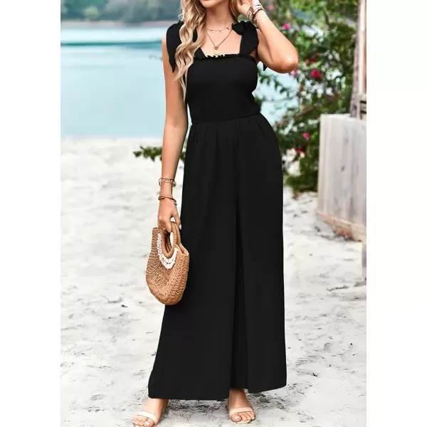 imagechouyatou Womens Summer Casual Sleeveless High Waist Jumpsuits Tie Shoulder Smoked Overall RompersBlack
