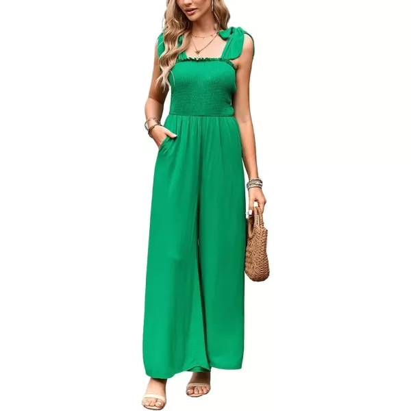 imagechouyatou Womens Summer Casual Sleeveless High Waist Jumpsuits Tie Shoulder Smoked Overall RompersGreen