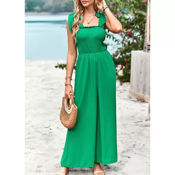 imagechouyatou Womens Summer Casual Sleeveless High Waist Jumpsuits Tie Shoulder Smoked Overall RompersGreen