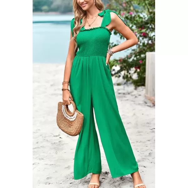 imagechouyatou Womens Summer Casual Sleeveless High Waist Jumpsuits Tie Shoulder Smoked Overall RompersGreen