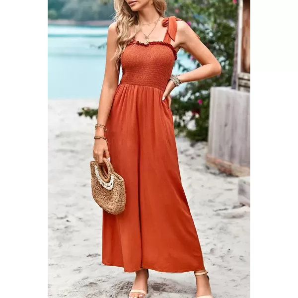 imagechouyatou Womens Summer Casual Sleeveless High Waist Jumpsuits Tie Shoulder Smoked Overall RompersOrange