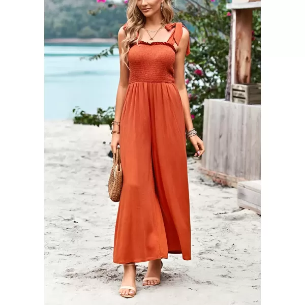 imagechouyatou Womens Summer Casual Sleeveless High Waist Jumpsuits Tie Shoulder Smoked Overall RompersOrange