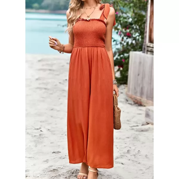 imagechouyatou Womens Summer Casual Sleeveless High Waist Jumpsuits Tie Shoulder Smoked Overall RompersOrange