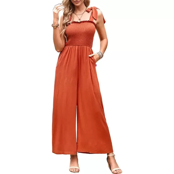 imagechouyatou Womens Summer Casual Sleeveless High Waist Jumpsuits Tie Shoulder Smoked Overall RompersOrange