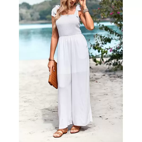imagechouyatou Womens Summer Casual Sleeveless High Waist Jumpsuits Tie Shoulder Smoked Overall RompersWhite