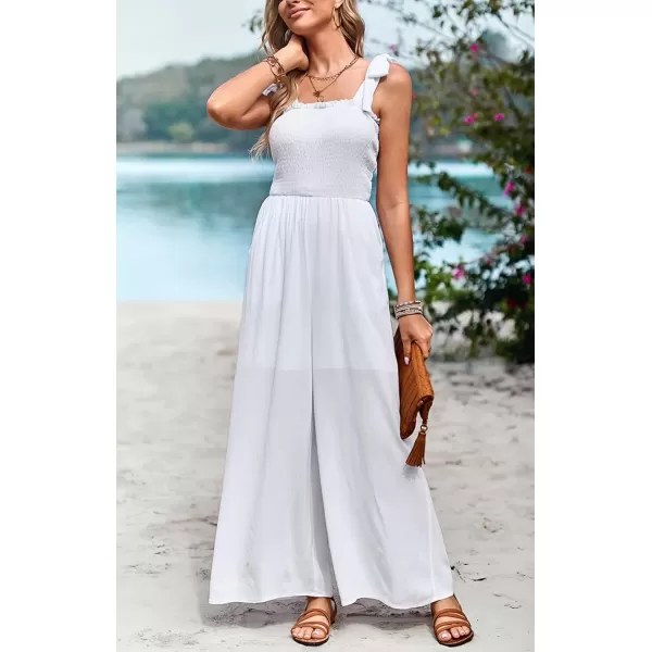 imagechouyatou Womens Summer Casual Sleeveless High Waist Jumpsuits Tie Shoulder Smoked Overall RompersWhite