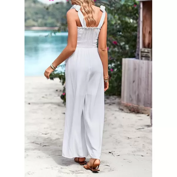 imagechouyatou Womens Summer Casual Sleeveless High Waist Jumpsuits Tie Shoulder Smoked Overall RompersWhite