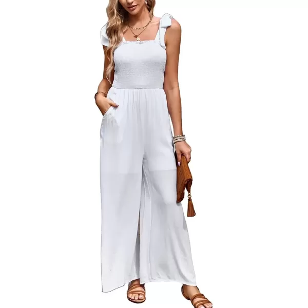 imagechouyatou Womens Summer Casual Sleeveless High Waist Jumpsuits Tie Shoulder Smoked Overall RompersWhite