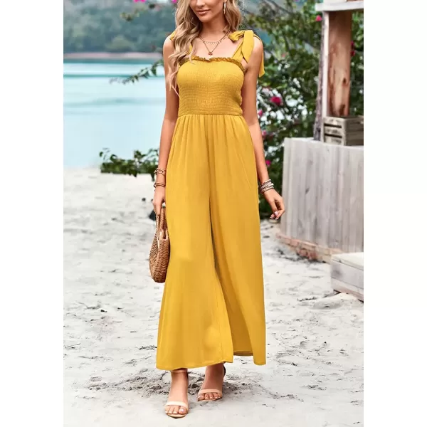 imagechouyatou Womens Summer Casual Sleeveless High Waist Jumpsuits Tie Shoulder Smoked Overall RompersYellow