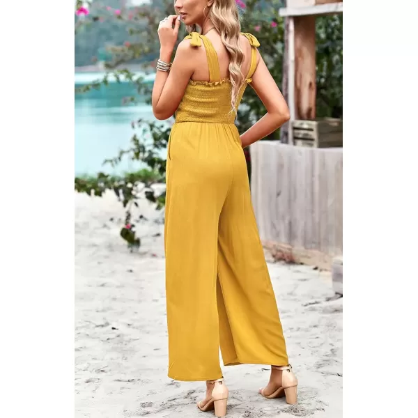 imagechouyatou Womens Summer Casual Sleeveless High Waist Jumpsuits Tie Shoulder Smoked Overall RompersYellow