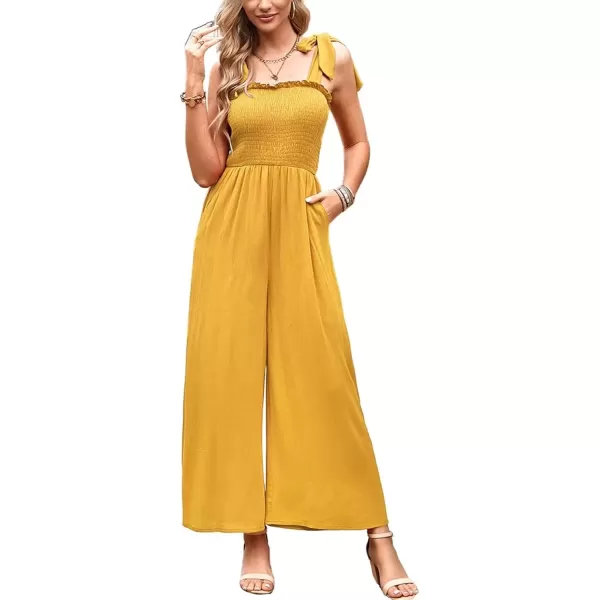 imagechouyatou Womens Summer Casual Sleeveless High Waist Jumpsuits Tie Shoulder Smoked Overall RompersYellow