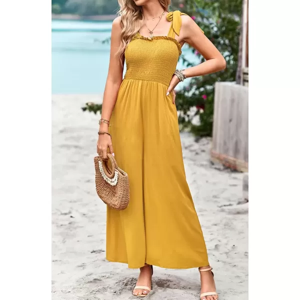 imagechouyatou Womens Summer Casual Sleeveless High Waist Jumpsuits Tie Shoulder Smoked Overall RompersYellow