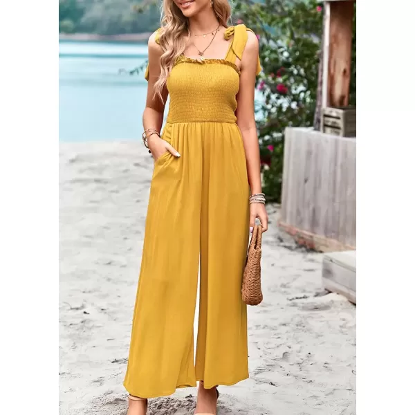 imagechouyatou Womens Summer Casual Sleeveless High Waist Jumpsuits Tie Shoulder Smoked Overall RompersYellow