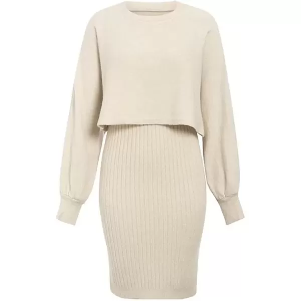 imagechouyatou Womens Two Piece Sweater Sets Crop Top Sleeveless Sweater Dress 2 Piece OutfitsBeige
