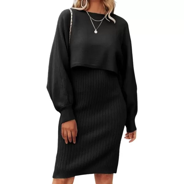 imagechouyatou Womens Two Piece Sweater Sets Crop Top Sleeveless Sweater Dress 2 Piece OutfitsBlack