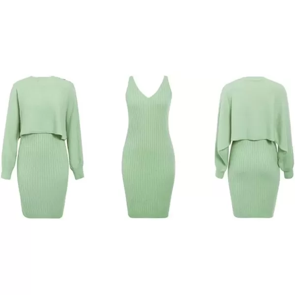 imagechouyatou Womens Two Piece Sweater Sets Crop Top Sleeveless Sweater Dress 2 Piece OutfitsGreen