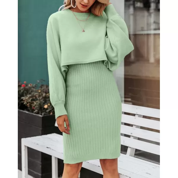 imagechouyatou Womens Two Piece Sweater Sets Crop Top Sleeveless Sweater Dress 2 Piece OutfitsGreen