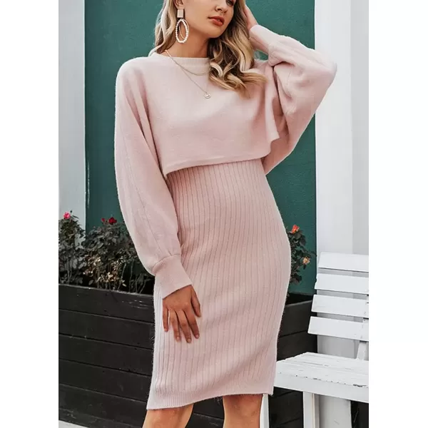 imagechouyatou Womens Two Piece Sweater Sets Crop Top Sleeveless Sweater Dress 2 Piece OutfitsPink