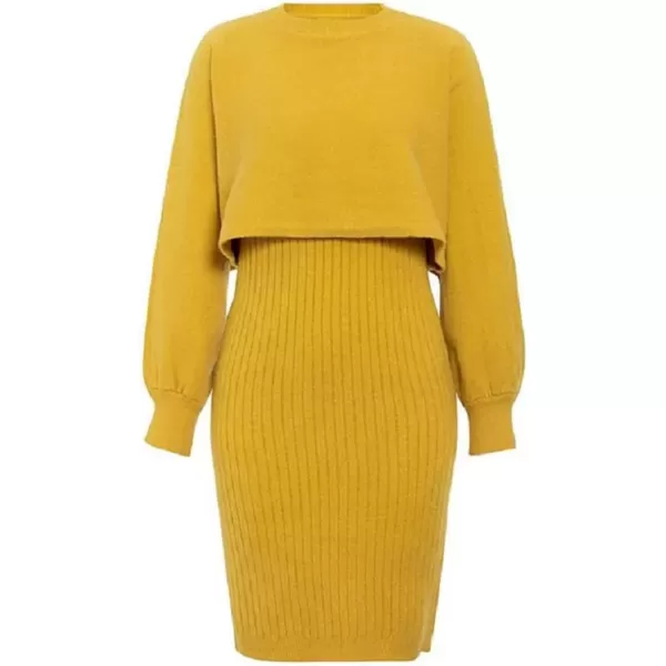 imagechouyatou Womens Two Piece Sweater Sets Crop Top Sleeveless Sweater Dress 2 Piece OutfitsYellow