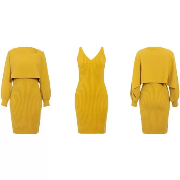 imagechouyatou Womens Two Piece Sweater Sets Crop Top Sleeveless Sweater Dress 2 Piece OutfitsYellow