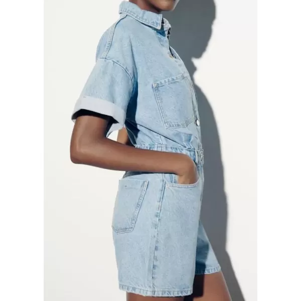 imagechouyatou Womens Vintage Washed Utility Rompers Button Down Casual Denim Jean Jumpsuit ShortsBlue