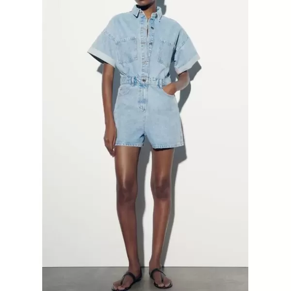 imagechouyatou Womens Vintage Washed Utility Rompers Button Down Casual Denim Jean Jumpsuit ShortsBlue