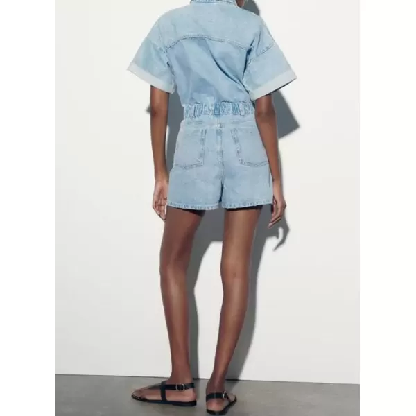 imagechouyatou Womens Vintage Washed Utility Rompers Button Down Casual Denim Jean Jumpsuit ShortsBlue