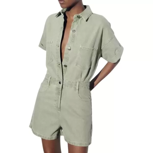 imagechouyatou Womens Vintage Washed Utility Rompers Button Down Casual Denim Jean Jumpsuit ShortsGreen