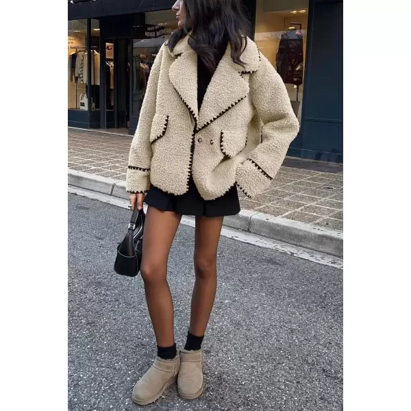 imagechouyatou Womens Winter Casual Embroidered Sherpa Jacket Notch Lapel Fuzzy Faux Fur Fleece Jacket CoatApricot
