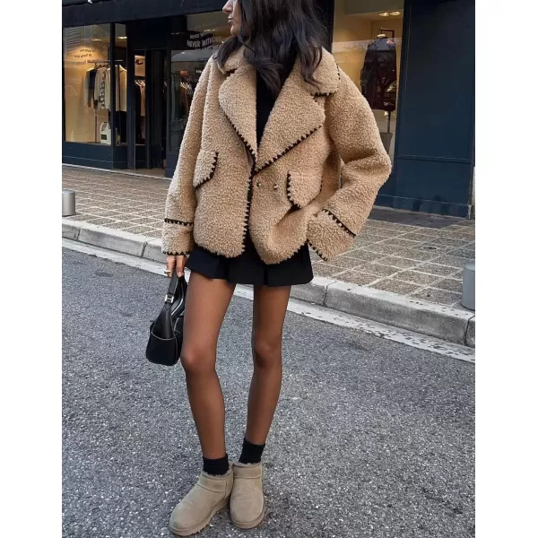 imagechouyatou Womens Winter Casual Embroidered Sherpa Jacket Notch Lapel Fuzzy Faux Fur Fleece Jacket CoatKhaki