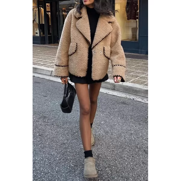 imagechouyatou Womens Winter Casual Embroidered Sherpa Jacket Notch Lapel Fuzzy Faux Fur Fleece Jacket CoatKhaki