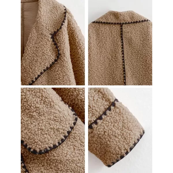 imagechouyatou Womens Winter Casual Embroidered Sherpa Jacket Notch Lapel Fuzzy Faux Fur Fleece Jacket CoatKhaki
