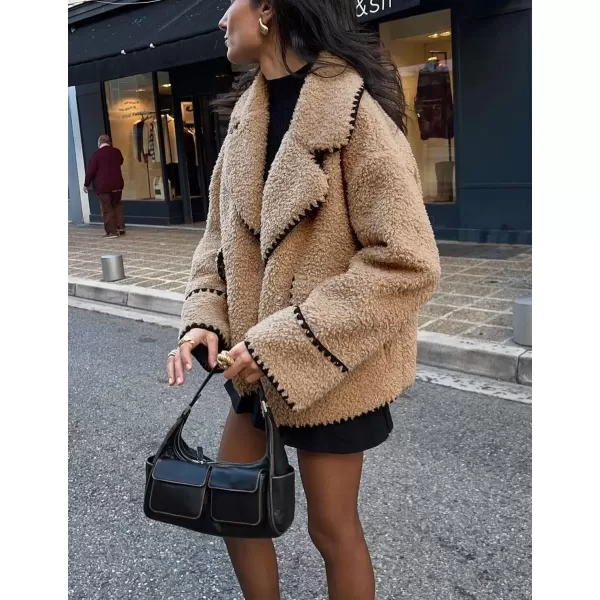 imagechouyatou Womens Winter Casual Embroidered Sherpa Jacket Notch Lapel Fuzzy Faux Fur Fleece Jacket CoatKhaki