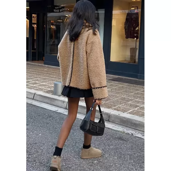 imagechouyatou Womens Winter Casual Embroidered Sherpa Jacket Notch Lapel Fuzzy Faux Fur Fleece Jacket CoatKhaki