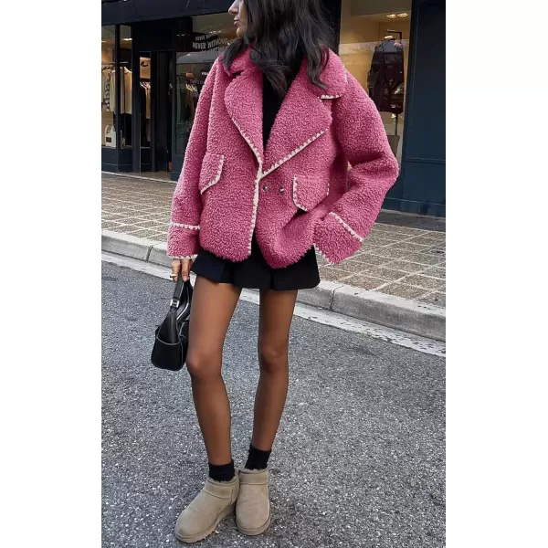 imagechouyatou Womens Winter Casual Embroidered Sherpa Jacket Notch Lapel Fuzzy Faux Fur Fleece Jacket CoatRose Pink