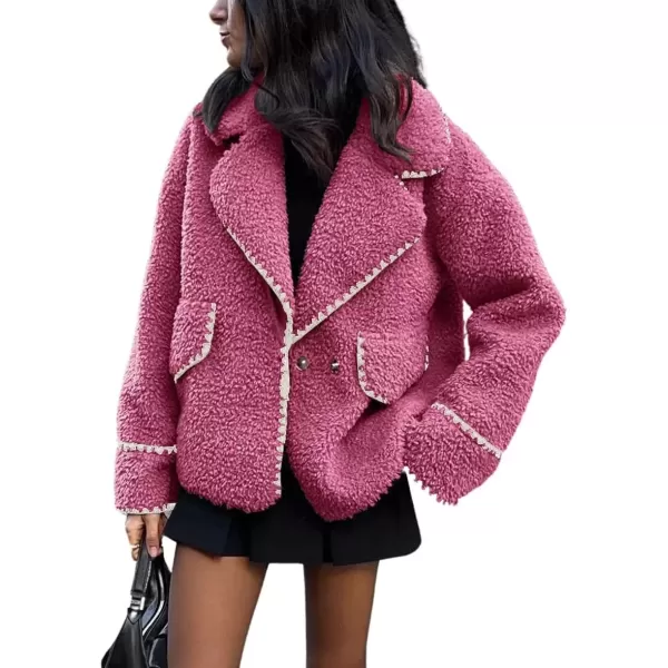 imagechouyatou Womens Winter Casual Embroidered Sherpa Jacket Notch Lapel Fuzzy Faux Fur Fleece Jacket CoatRose Pink