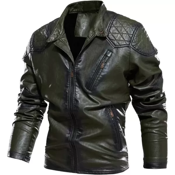 imagechouyatou Mens Vintage Contrast Fleece Lined Zip Front Distressed Pu Leather Quilted Biker JacketArmy Green