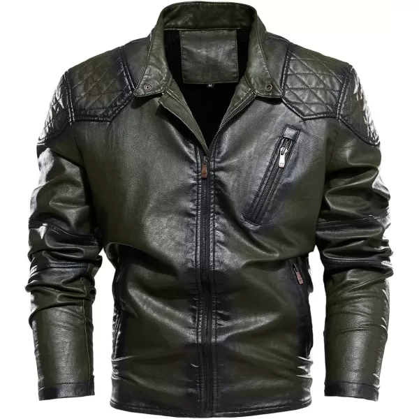 imagechouyatou Mens Vintage Contrast Fleece Lined Zip Front Distressed Pu Leather Quilted Biker JacketArmy Green