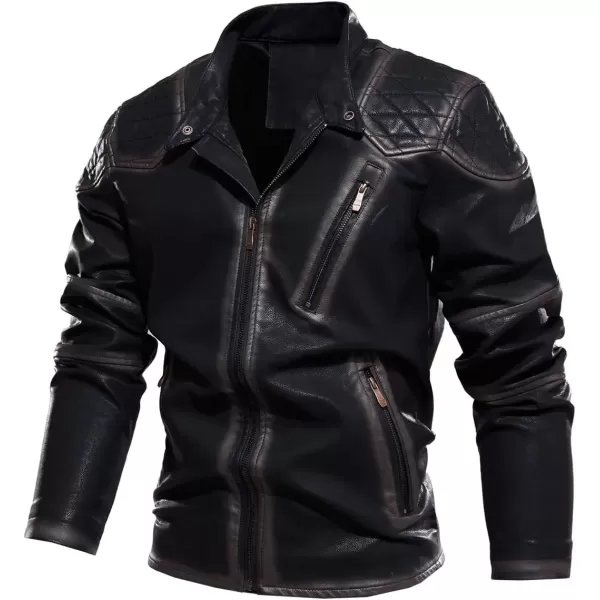 imagechouyatou Mens Vintage Contrast Fleece Lined Zip Front Distressed Pu Leather Quilted Biker JacketBlack