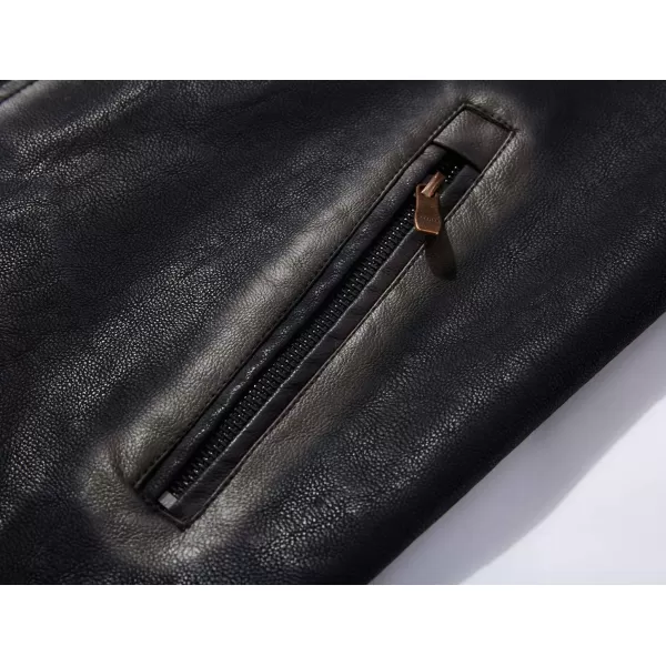 imagechouyatou Mens Vintage Contrast Fleece Lined Zip Front Distressed Pu Leather Quilted Biker JacketBlack