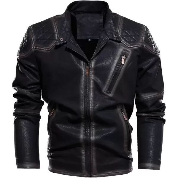 imagechouyatou Mens Vintage Contrast Fleece Lined Zip Front Distressed Pu Leather Quilted Biker JacketBlack
