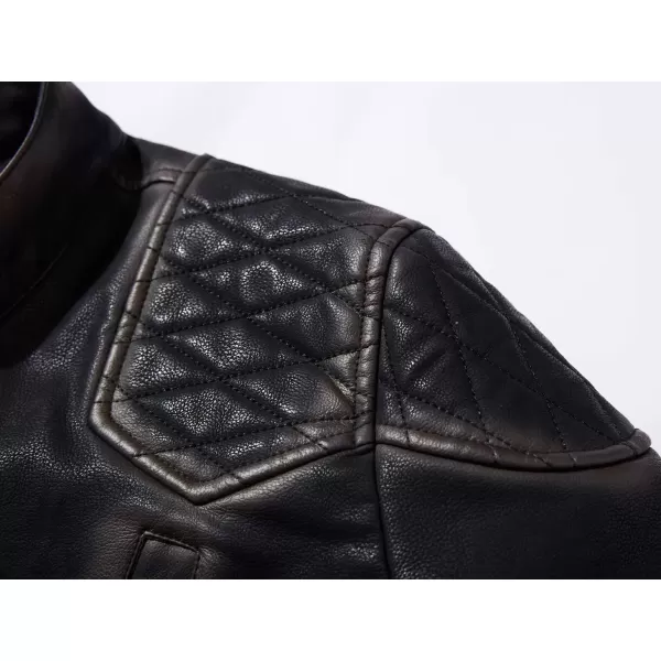 imagechouyatou Mens Vintage Contrast Fleece Lined Zip Front Distressed Pu Leather Quilted Biker JacketBlack