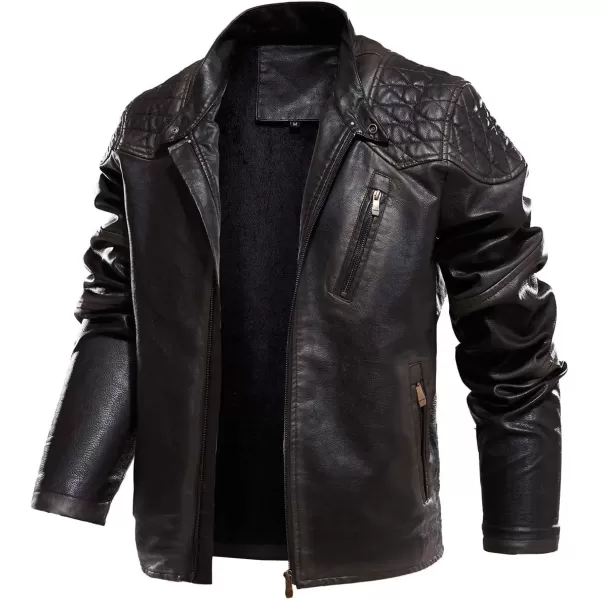 imagechouyatou Mens Vintage Contrast Fleece Lined Zip Front Distressed Pu Leather Quilted Biker JacketCoffee