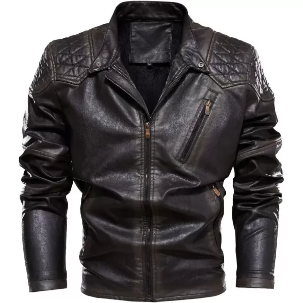 imagechouyatou Mens Vintage Contrast Fleece Lined Zip Front Distressed Pu Leather Quilted Biker JacketCoffee