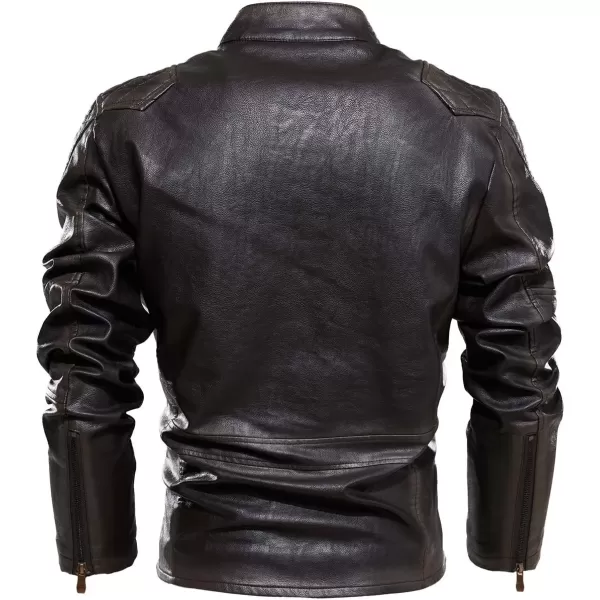 imagechouyatou Mens Vintage Contrast Fleece Lined Zip Front Distressed Pu Leather Quilted Biker JacketCoffee