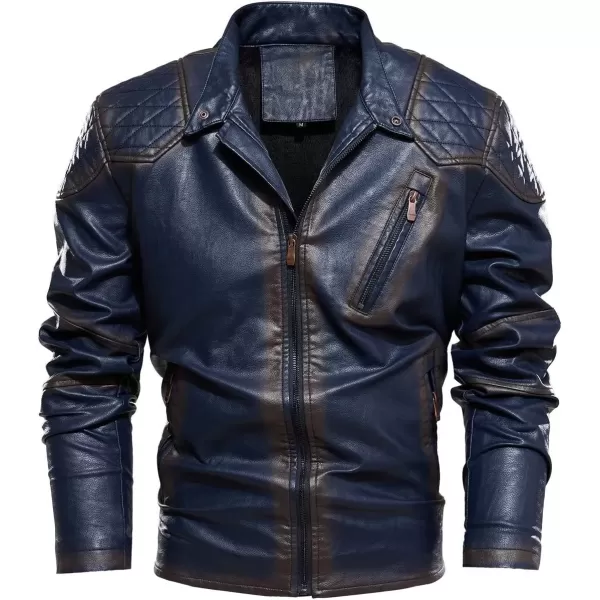 imagechouyatou Mens Vintage Contrast Fleece Lined Zip Front Distressed Pu Leather Quilted Biker JacketDark Blue