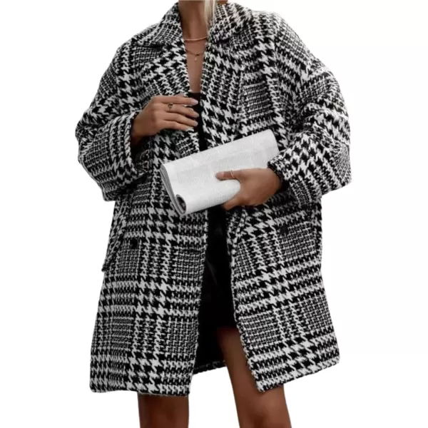 imagechouyatou Women Winter Houndstooth Wool Blend Coat Notch Lapel Loose Warm Mid Long Double Breasted PeacoatBlack