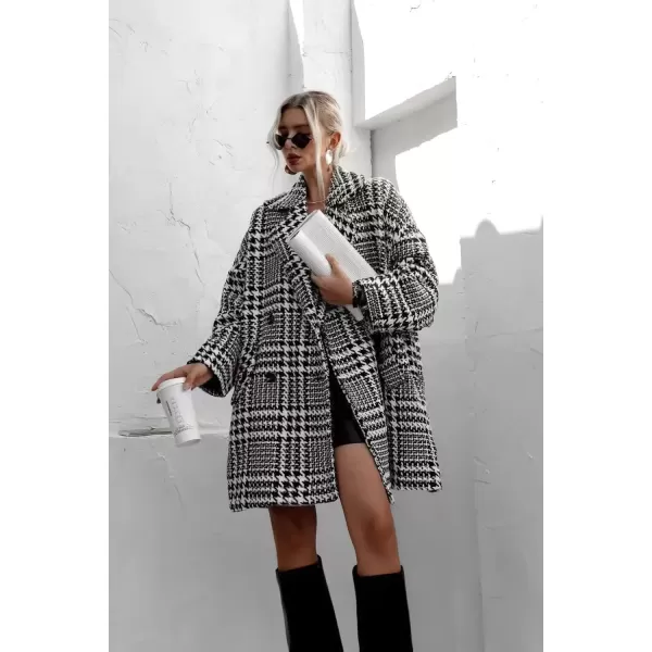 imagechouyatou Women Winter Houndstooth Wool Blend Coat Notch Lapel Loose Warm Mid Long Double Breasted PeacoatBlack
