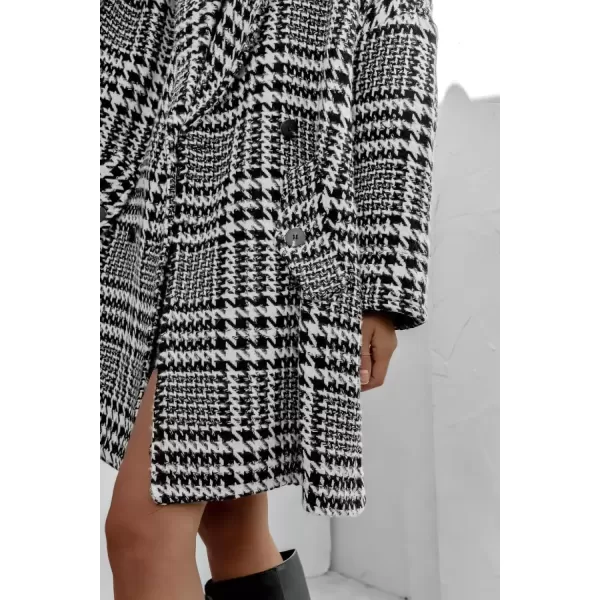 imagechouyatou Women Winter Houndstooth Wool Blend Coat Notch Lapel Loose Warm Mid Long Double Breasted PeacoatBlack